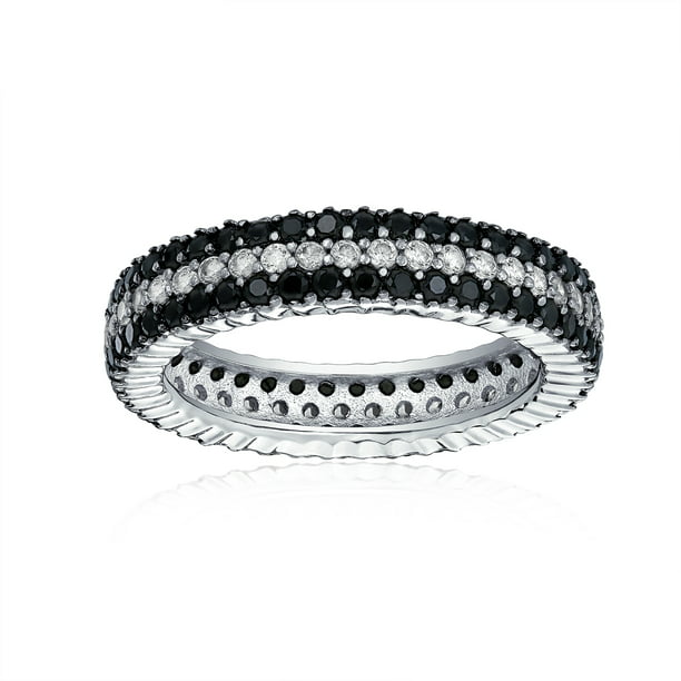 Black Sterling Silver Pave 3 Row Dome Shape Eternity Ring-Bridal-Band-925